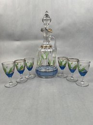 Vintage Hand-painted Decanter With 6 Glasses.