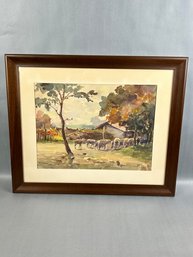 Framed Farm Scene Watercolor Signed