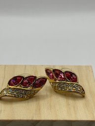 Gold Tone Pierced Earrings With Pink Stones