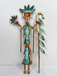 Signed & Dated Mike Bowen Leather And Metal Sculpture-man With Staff And Flower.