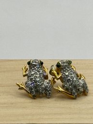 Rhinestone Frog Pierced Earrings With Green Stones