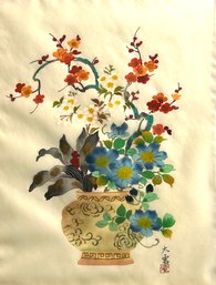 Vintage Chinese Floral Painting On Silk Framed