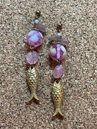 Pink Glass Beads W/gold Finish Fish Charm Drop Pierced Earrings