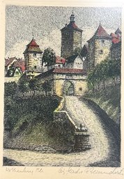 Signed Rothenburg Germany Castle Gate Colored Artwork Framed *Local Pickup Only*