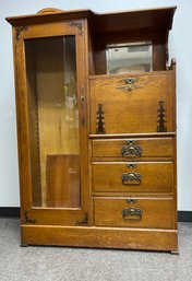 Antique Secretary Desk Cabinet With Mirror And Brass Hardware