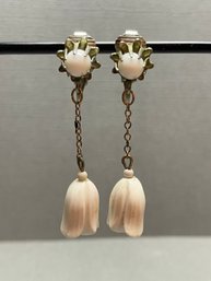 Vintage White Tulip Drop Clip Earrings