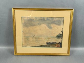 Rowboat Beach Scene Watercolor: Artist Signed, Jay Estee 1945