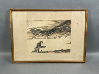 Framed Asian Painting Water And Mountain Scene