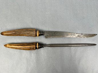 Antler Handled Carving Knife With Sharpening Steel.