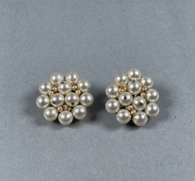Vintage Faux Multi Pearl Cluster Button Clip Earrings