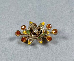 Orange & Clear Rhinestone Gold Finish Rose & Leaf Pin