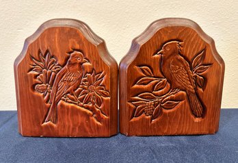 Hand Carved Wood Bird Motif Bookends
