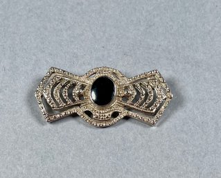 Silver Finish Art Deco Inspired Brooch With Black Center Stone