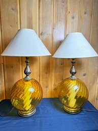 Pair Vintage Amber Glass & Metal 1970s Lamps -Local Pick Up Only