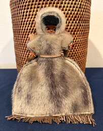 Vintage Eskimo Doll With Seal Fur And Zippered  Pouch