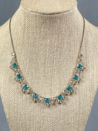 Gold Filled Silver Tone Chain With White & Blue Rhinestone Necklace