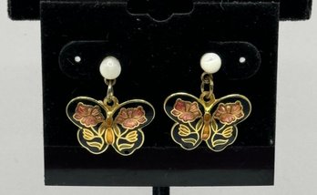 Butterfly Gold Tone And Black Pierced Earrings