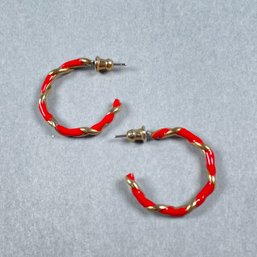 Vintage Gold & Red Enamel Fashion Loop Earrings
