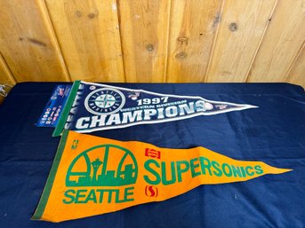 Two Vintage Pennants Sonics And Mariners -Local Pick Up Only