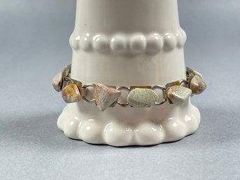 Vintage Polished Rocks On Silver Tone Link Bracelet
