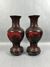 Pair Of Vintage Red And Black Hand Carved And Enamel Cinnabar Vases