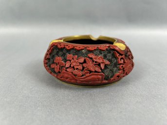 Vintage Chinese Red And Black Cinnabar Ashtray With Blue Enamel Interior