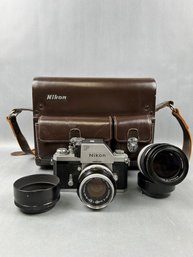 Nikon F Film Camera With Two Lenses And Bag