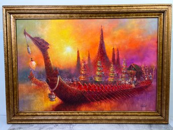 Ancient Royal Ship Of Great Emperor Of Autthaya Oil Painting Signed.