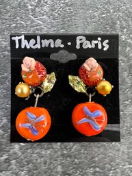 Thelma Paris Orange Dangle With Rose Earrings