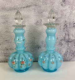 2 Light Blue Hand Painted Cruets With Glass Tops