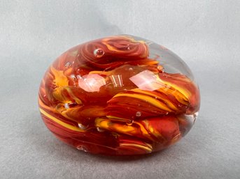 Hilltop Artists Signed Orange Swirl Art Glass Paper Weight Dated 2004.