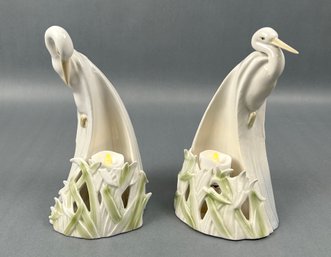Pair Of White Porcelain Crane Egret Candle Holders