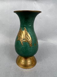 Green Enameled Vase From Hawaii Depicting Dolphins.