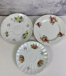 3 Shelley Saucers. Primrose. Hulmes Rose. Pink Rose And Blue Bell