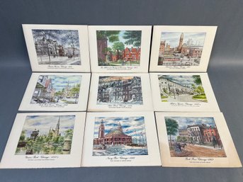 9 Vintage Christmas Cards From The Northern Trust Company Depicting Different Scenes From Chicago.