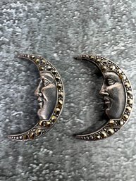 Two Sterling And Marcasite Crescent Moon Pins