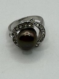 Silver Tone Ring With Authentic Black Pearl