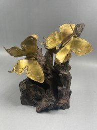 Vintage Brass Butterly And Resin Wood Art Sculpture