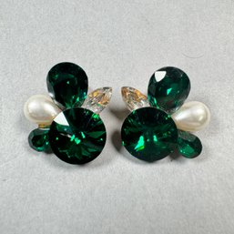 Nelly Green Rhinestone Clip Earrings