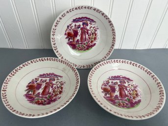 Set Of 3 Vintage Mulberry Transferware With Hand Coloring And Lustre Painted Rim Bowls
