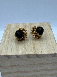 Gold Tone Black Stone Pierced Earrings