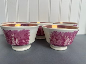 Group Of 5 Antique The Mothers Grave -  Porcelain Mulberry Transferware & Luster Accent Cups