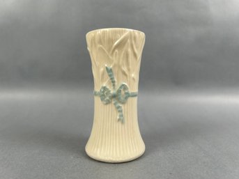 Vintage Belleek Vase With Blue Ribbon Accent