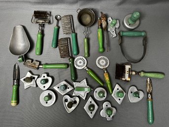 Lot Of Green Handled Kitchen Utensils.