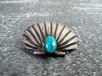 Vintage Silver And Turquoise Shell Brooch