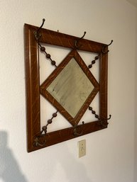 Antique Oak Mirror With Coat Rack