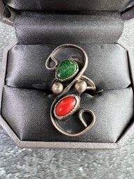 Vintage Southwest Silver And Coral Ring