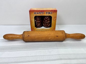 Small Wood Rolling Pin And Tiki Salt & Pepper Shakers.