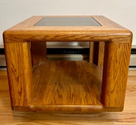 Vintage Oak End Table With Smoke Glass Center