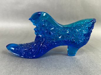Fenton Cat Head Daisy & Button Blue Glass Victorian Shoe Slipper Art Glass